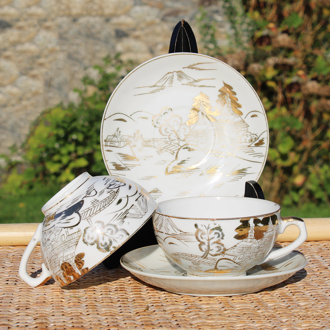 Paire De Tasses à Café Regency Bone China – Motif Galion Doré, Fine Porcelaine, Neuf