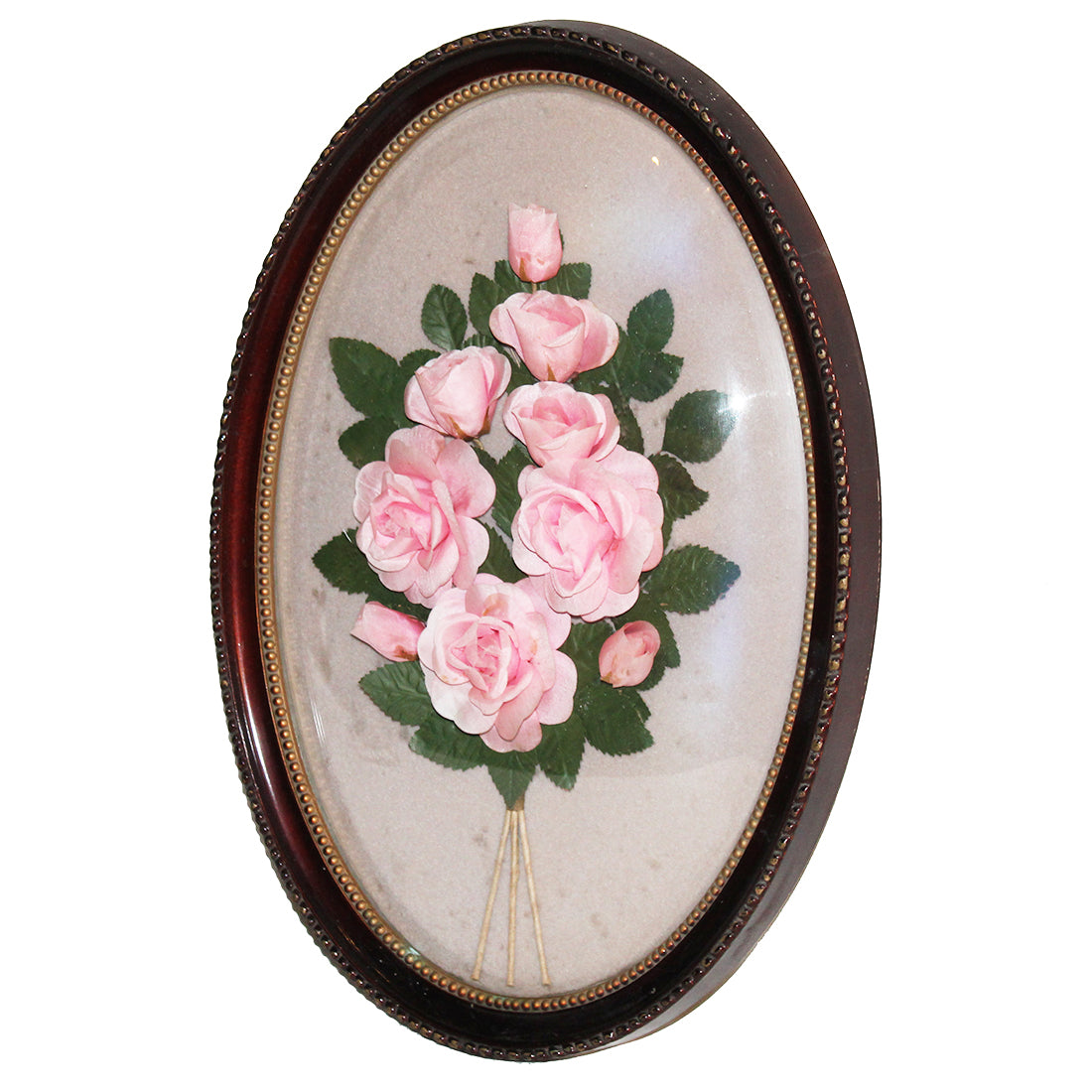 Ancien Cadre Ovale Au Verre Bombé – Fleurs En Tissu – Déco Vintage
