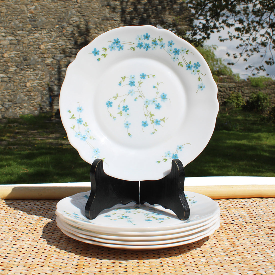 Grand Plat Rond Arcopal Véronica Motif Myosotis, Excellent état, Vintage
