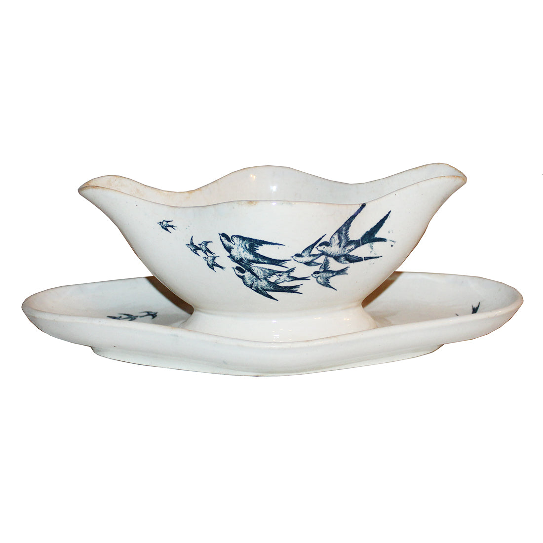 Saucière Ancienne En Faïence Sarreguemines - Décor Blanc Et Feuillage Opaque - Occasion Très Bon état