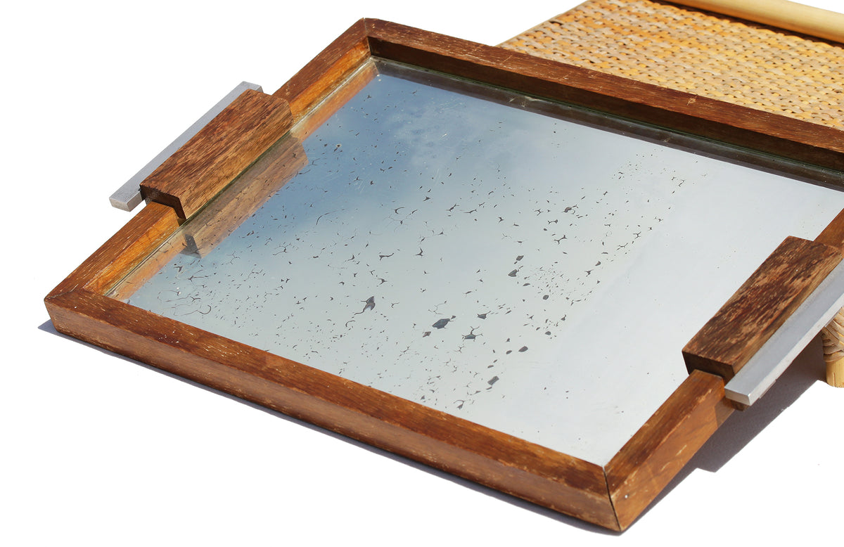 Ancien Plateau Miroir Avec Poignée Bois – Vintage, Déco Collection