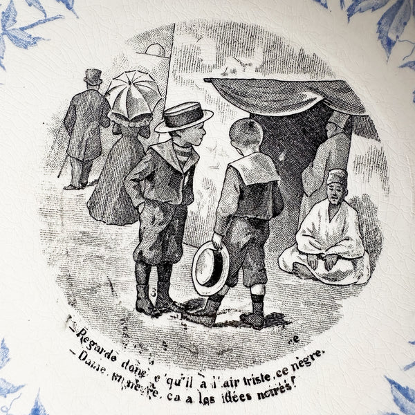 Lot de 6 assiettes parlantes anciennes – Exposition Universelle 1900 – Sarreguemines – Décor bleu et scènes humoristiques