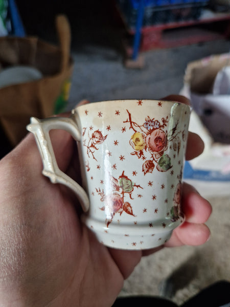 Duo of old coffee cups + saucers by Gien, small flower model