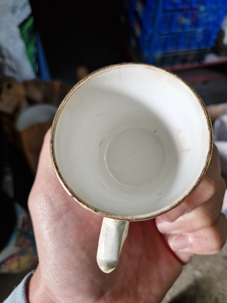 Duo of old coffee cups + saucers by Gien, small flower model