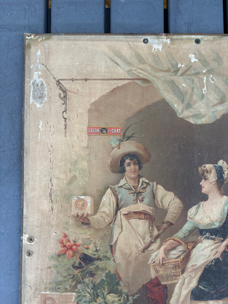 Ancienne affiche publicitaire sur carton en chromolithographie Savon Le Chat – Fin XIXᵉ siècle