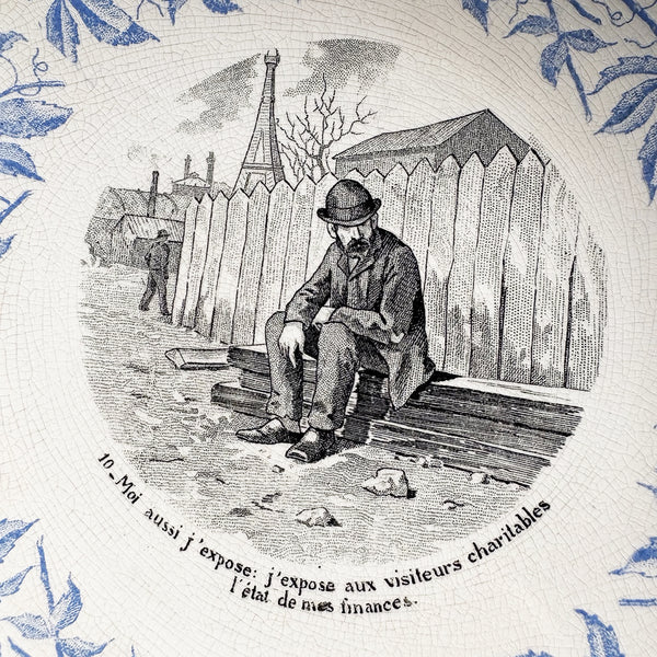 Lot de 6 assiettes parlantes anciennes – Exposition Universelle 1900 – Sarreguemines – Décor bleu et scènes humoristiques