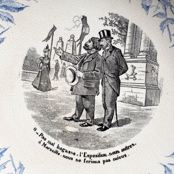 Lot de 6 assiettes parlantes anciennes – Exposition Universelle 1900 – Sarreguemines – Décor bleu et scènes humoristiques