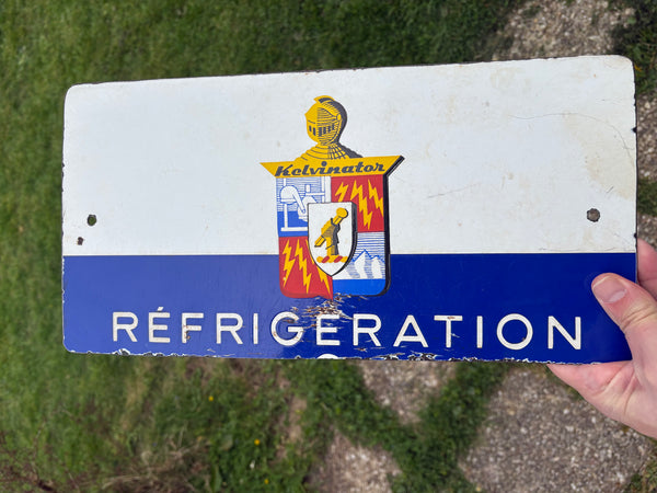 Ancienne plaque publicitaire en tôle émaillée double face « Réfrigération » Kelvinator