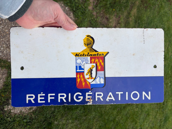 Ancienne plaque publicitaire en tôle émaillée double face « Réfrigération » Kelvinator