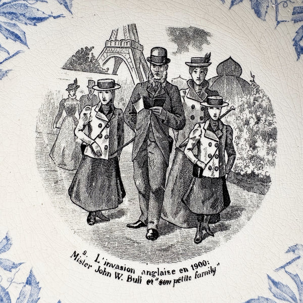 Lot de 6 assiettes parlantes anciennes – Exposition Universelle 1900 – Sarreguemines – Décor bleu et scènes humoristiques