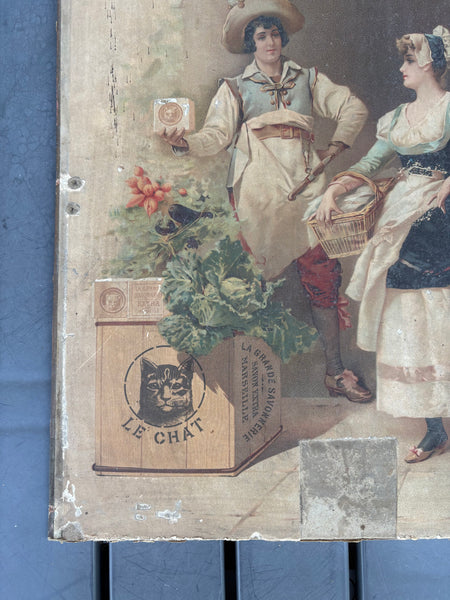 Ancienne affiche publicitaire sur carton en chromolithographie Savon Le Chat – Fin XIXᵉ siècle