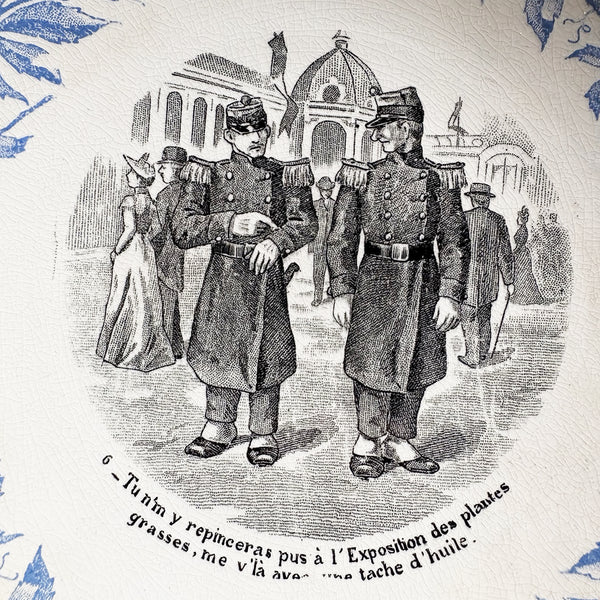 Lot de 6 assiettes parlantes anciennes – Exposition Universelle 1900 – Sarreguemines – Décor bleu et scènes humoristiques