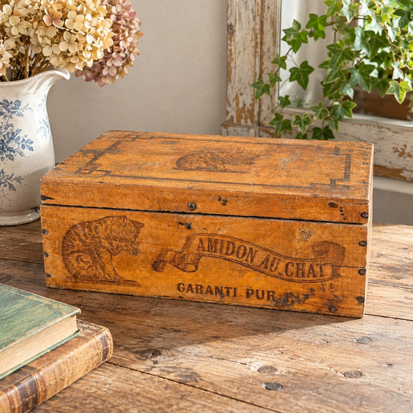 Ancienne boîte publicitaire en bois Amidon au Chat Hoffmann