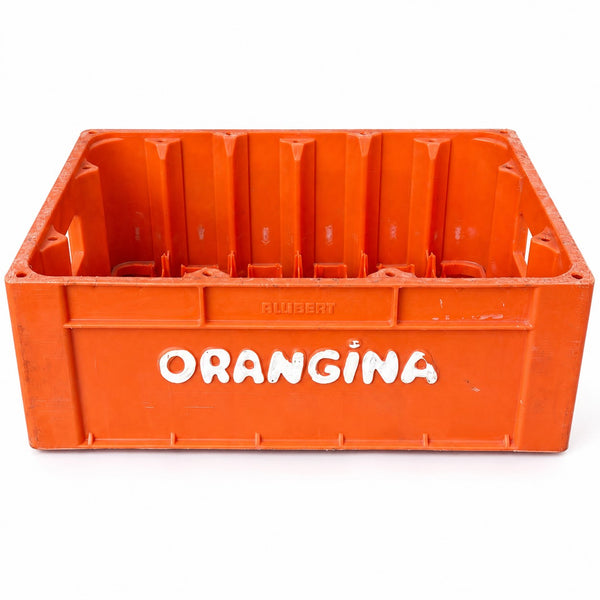 Caisse / casier à bouteilles Orangina vintage en plastique orange Allibert – 1984