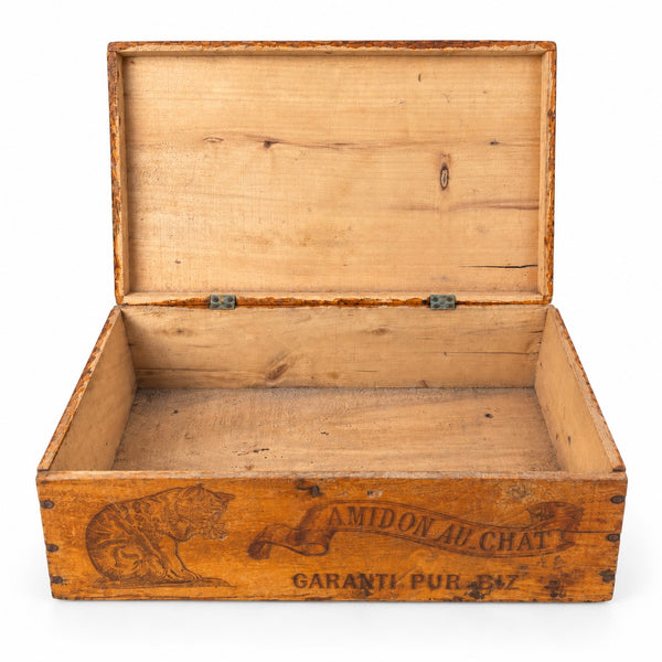Ancienne boîte publicitaire en bois Amidon au Chat Hoffmann