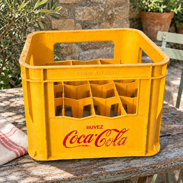 Caisse / casier à bouteilles Coca-Cola Allibert jaune vintage – 12 bouteilles