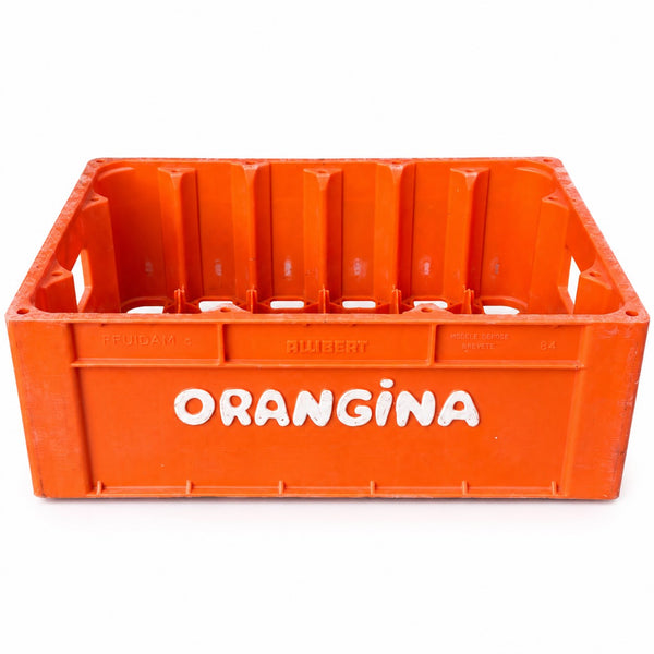 Caisse / casier à bouteilles Orangina vintage en plastique orange Allibert – 1984