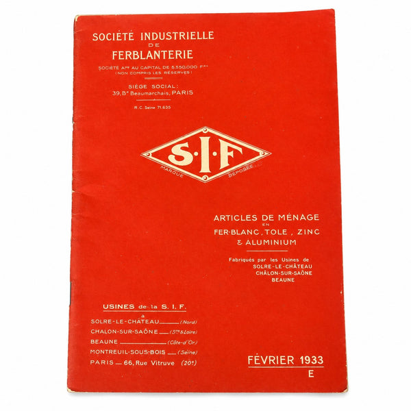 Catalogue ancien Société Industrielle de Ferblanterie S.I.F. – Articles de ménage – Février 1933