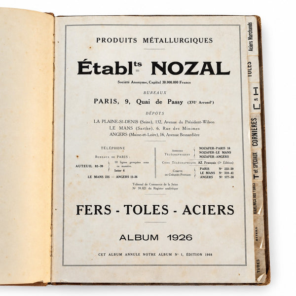 Ancien catalogue industriel Établissements Nozal – Fers, tôles et aciers – 1926