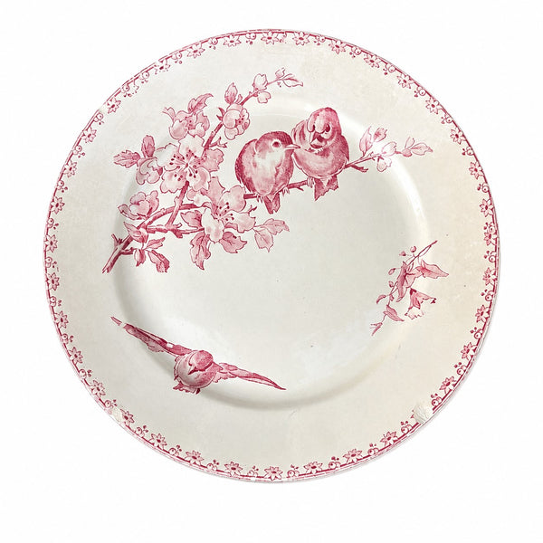 Assiette ancienne en faïence Sarreguemines Digoin – modèle Favori – décor aux oiseaux et fleurs – avec éclats