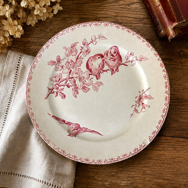 Assiette ancienne en faïence Sarreguemines Digoin – modèle Favori – décor aux oiseaux et fleurs – avec éclats