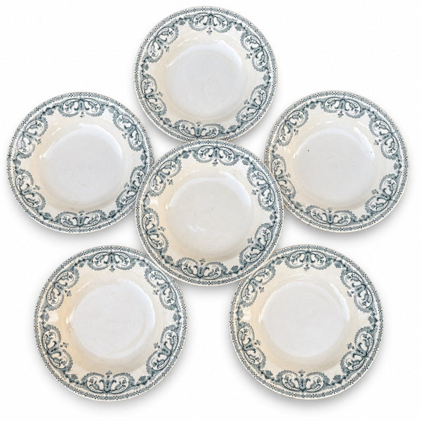 Lot de 6 assiettes creuses anciennes Sarreguemines en Terre de Fer « Au Planteur de Caïffa » – Modèle Guirlande
