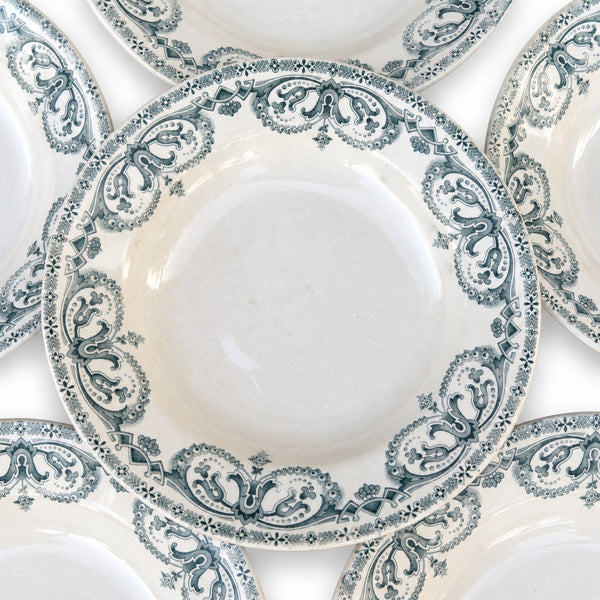 Lot de 6 assiettes creuses anciennes Sarreguemines en Terre de Fer « Au Planteur de Caïffa » – Modèle Guirlande
