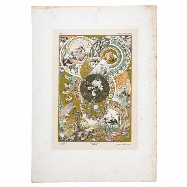 Lithographie ancienne « Fantaisies décoratives », planche 27, par Jules-Auguste Habert-Dys, 1886-1887