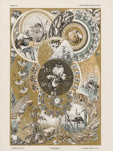 Lithographie ancienne « Fantaisies décoratives », planche 27, par Jules-Auguste Habert-Dys, 1886-1887