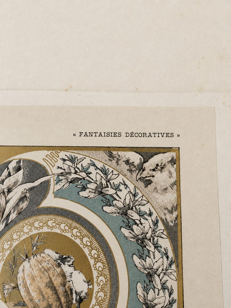 Lithographie ancienne « Fantaisies décoratives », planche 27, par Jules-Auguste Habert-Dys, 1886-1887