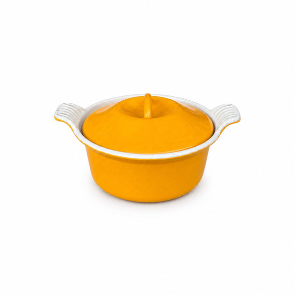 Mini cocotte ancienne en fonte émaillée orange et blanche – diamètre 14 cm