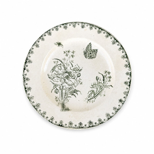 Assiette à dessert ancienne en terre de fer Clairefontaine Léon Graves modèle « Nancy » à décor floral et papillons verts