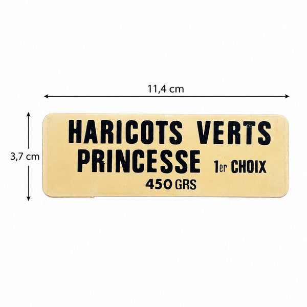Ancienne étiquette d'épicerie « Haricots Verts Princesse 1er Choix 450 GRS » en plastique rigide
