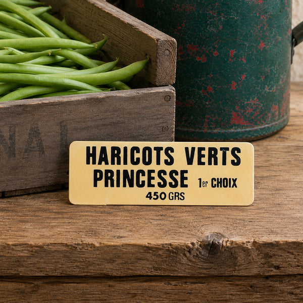 Ancienne étiquette d'épicerie « Haricots Verts Princesse 1er Choix 450 GRS » en plastique rigide
