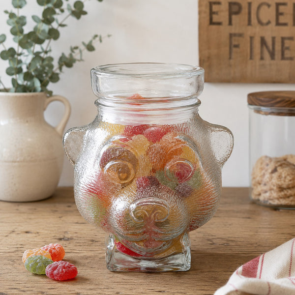 Bocal / pot à bonbons vintage en verre moulé en forme de tête d’ourson