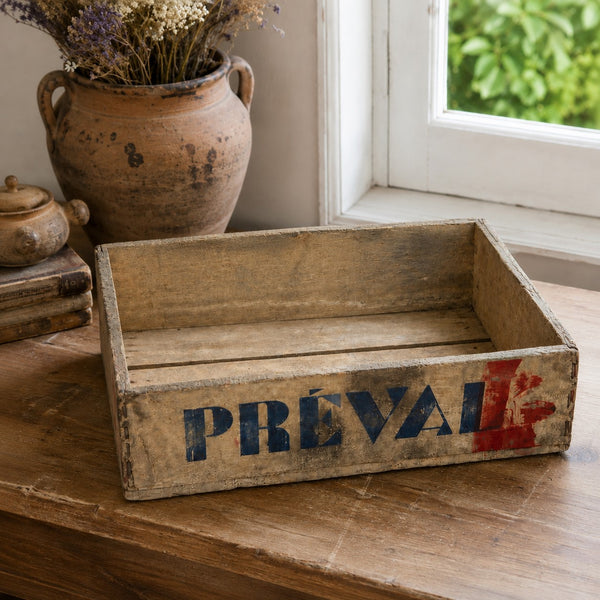 Petite caisse d'épicerie ancienne en bois PREVAL – Consigne 150 Fcs