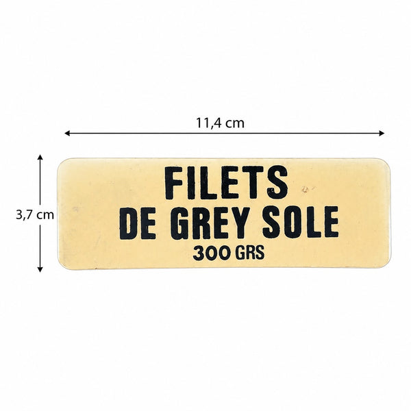 Ancienne étiquette d'épicerie « Filets de Grey Sole 300 GRS » en plastique rigide