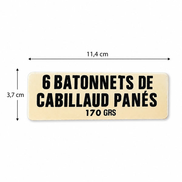 Ancienne étiquette d'épicerie « 6 Bâtonnets de cabillaud panés 170 GRS » en plastique rigide