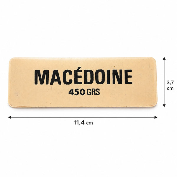 Ancienne étiquette d'épicerie « Macédoine 450 GRS » en plastique rigide