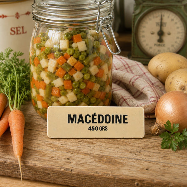 Ancienne étiquette d'épicerie « Macédoine 450 GRS » en plastique rigide