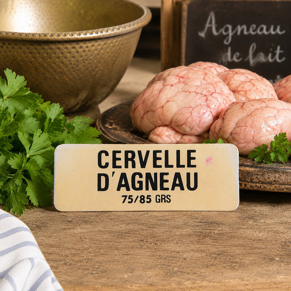 Ancienne étiquette d'épicerie « Cervelle d'agneau 75/85 GRS » en plastique rigide