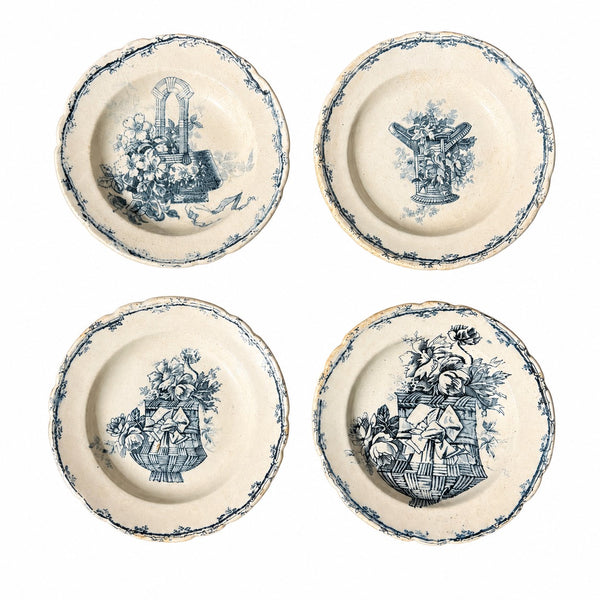 Lot de 4 assiettes creuses de dinette anciennes en terre de fer imprimée bleue