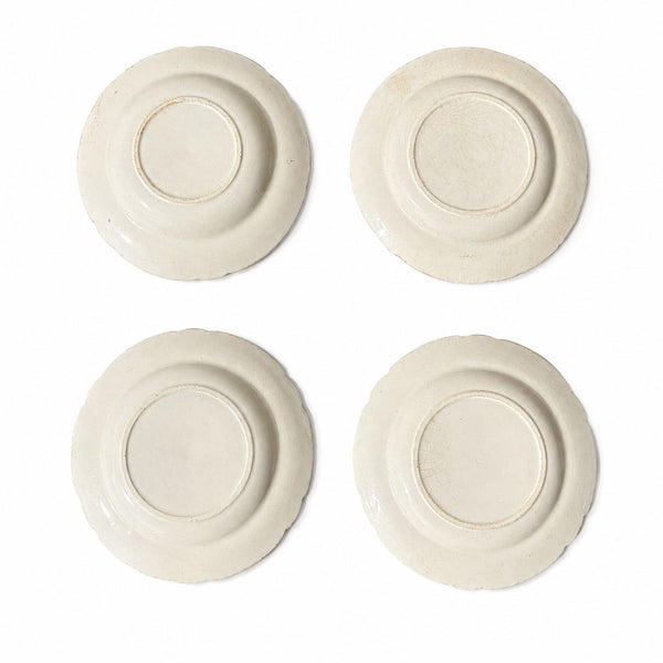 Lot de 4 assiettes creuses de dinette anciennes en terre de fer imprimée bleue