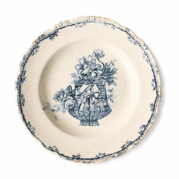 Lot de 4 assiettes creuses de dinette anciennes en terre de fer imprimée bleue