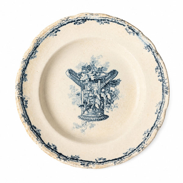 Lot de 4 assiettes creuses de dinette anciennes en terre de fer imprimée bleue