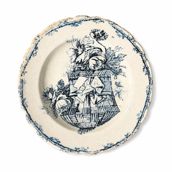 Lot de 4 assiettes creuses de dinette anciennes en terre de fer imprimée bleue