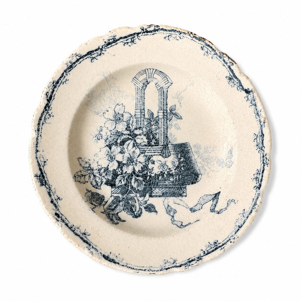 Lot de 4 assiettes creuses de dinette anciennes en terre de fer imprimée bleue