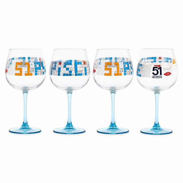 Lot de 4 verres à pied publicitaires Pastis 51 modèle « Piscine » – Édition moderne