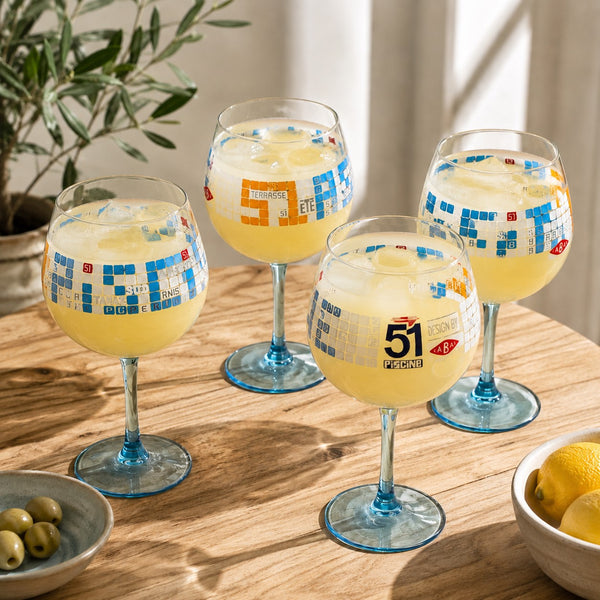 Lot de 4 verres à pied publicitaires Pastis 51 modèle « Piscine » – Édition moderne