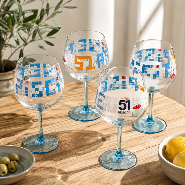 Lot de 4 verres à pied publicitaires Pastis 51 modèle « Piscine » – Édition moderne